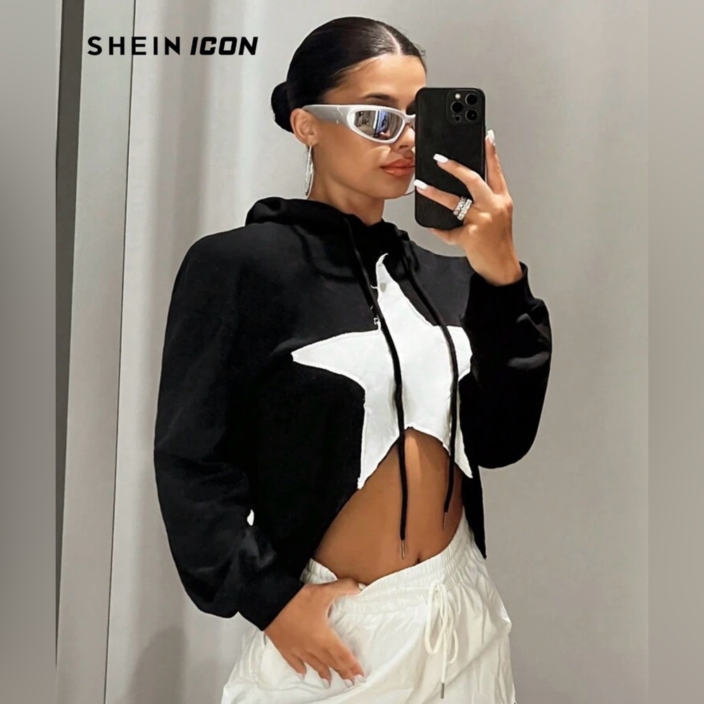 SHEIN ICON Star Patched  Asymmetrical Hem Drawstring Hoodie Black 2XS
